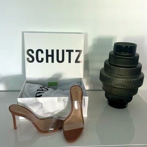 SCHUTZ Ariella Tan Nude Leather 4” Heels w Acrylic Clear Straps New In Box 6.5